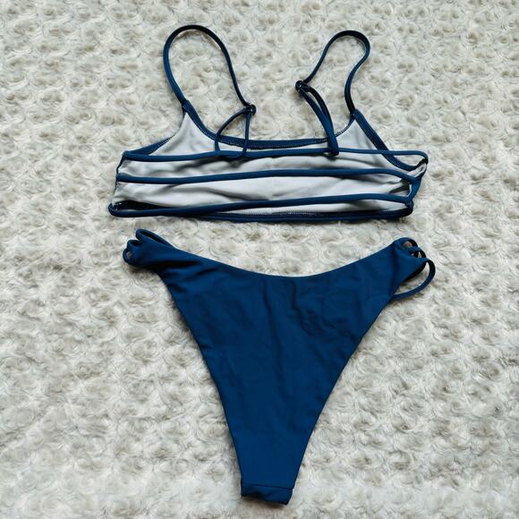 Blue Strappy Adjustable 2 piece High Cut Bikini Swimwear Bathing Suit Size Small - Picture 3 of 5